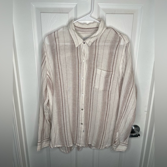 Rails Charli Reims Stripe Linen Blend Button Up Top Coastal in Brown/Cream XL - Picture 3 of 16